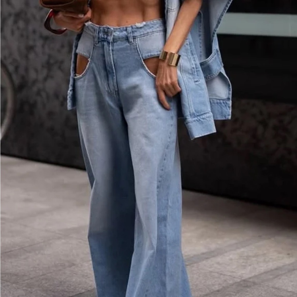 Blue Flare Wide Leg Jeans High-Waisted